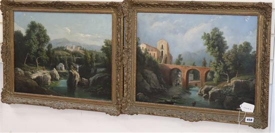 19th Century Italian School, pair of oils on canvas, River landscapes with figures and houses, 38 x 50cm